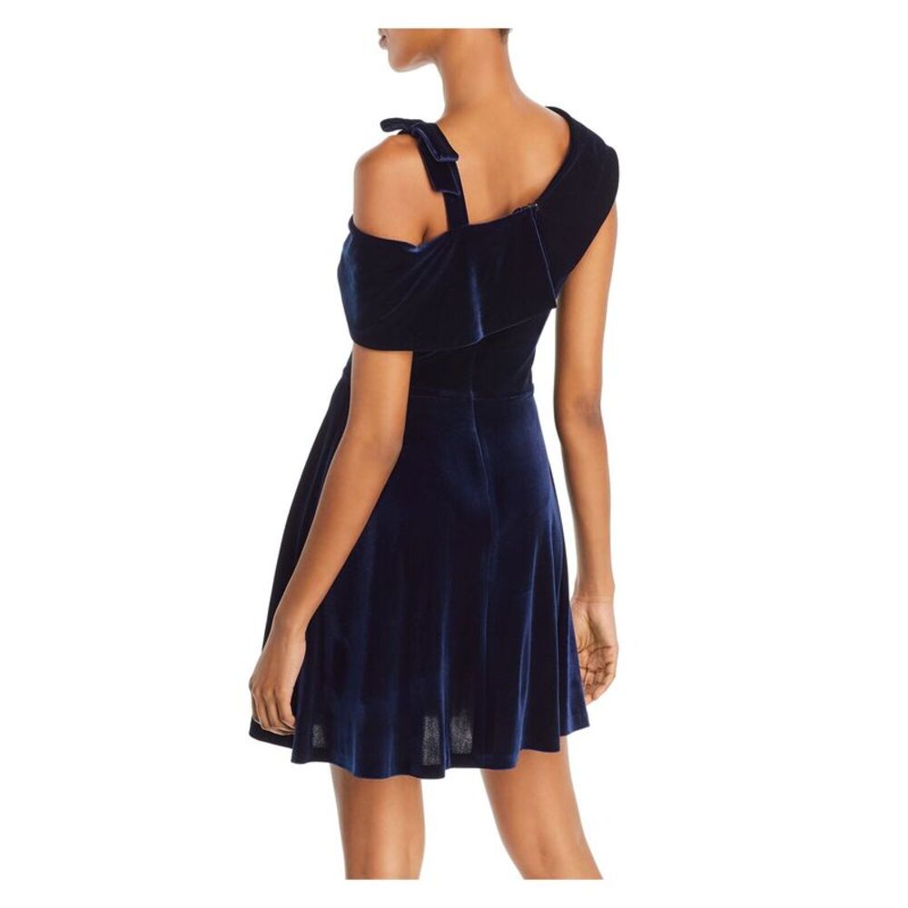 AQUA Womens Navy Asymmetrical Neckline Short Fit + Flare Party Dress Size: L - Picture 2 of 3